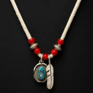 Silver Dollar Craft Turquoise Feather Deerskin Necklace