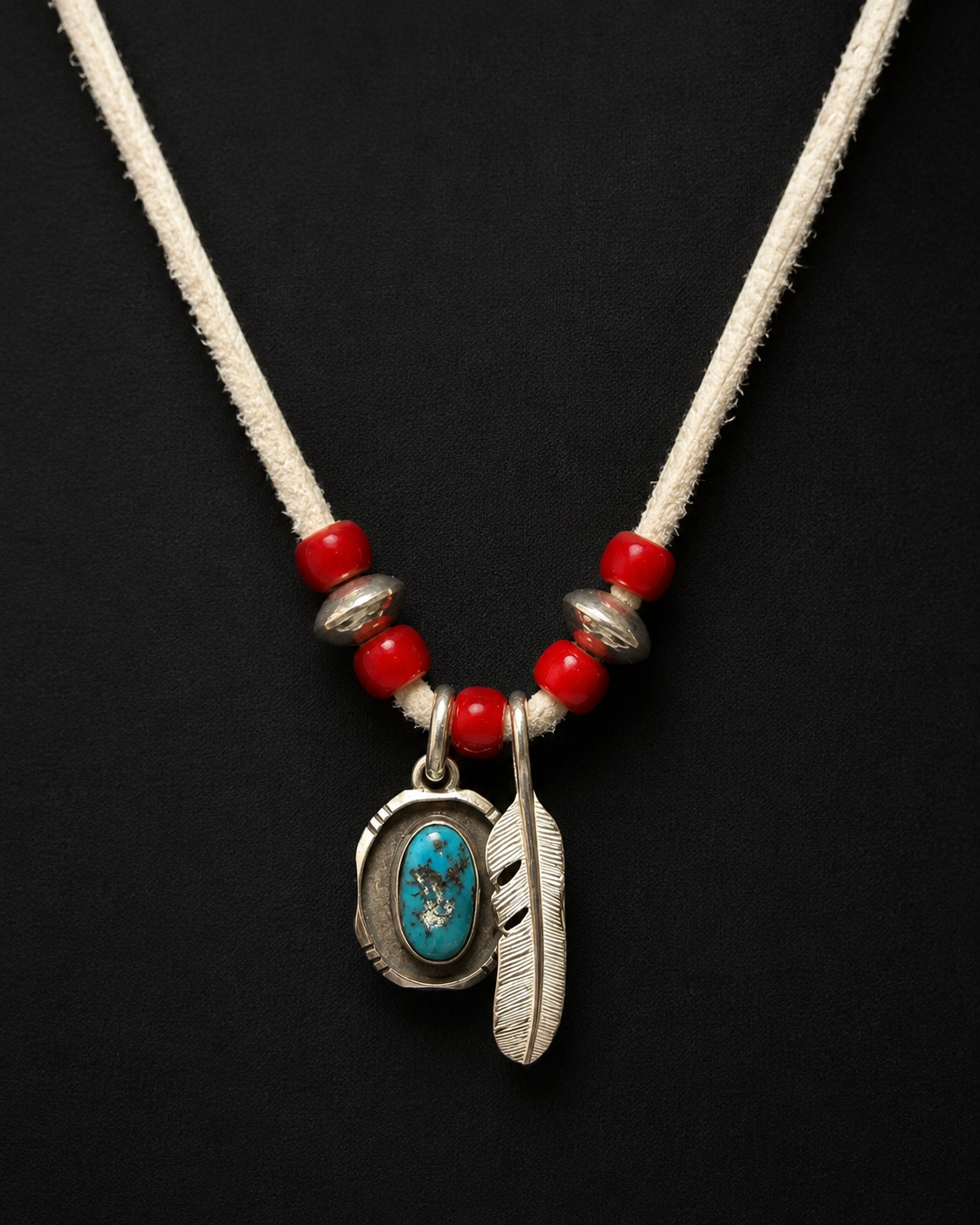 Silver Dollar Craft Turquoise Feather Deerskin Necklace