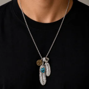 POCKET Sterling Silver Turquoise Multi Feather Necklace 日本買付・少量入荷